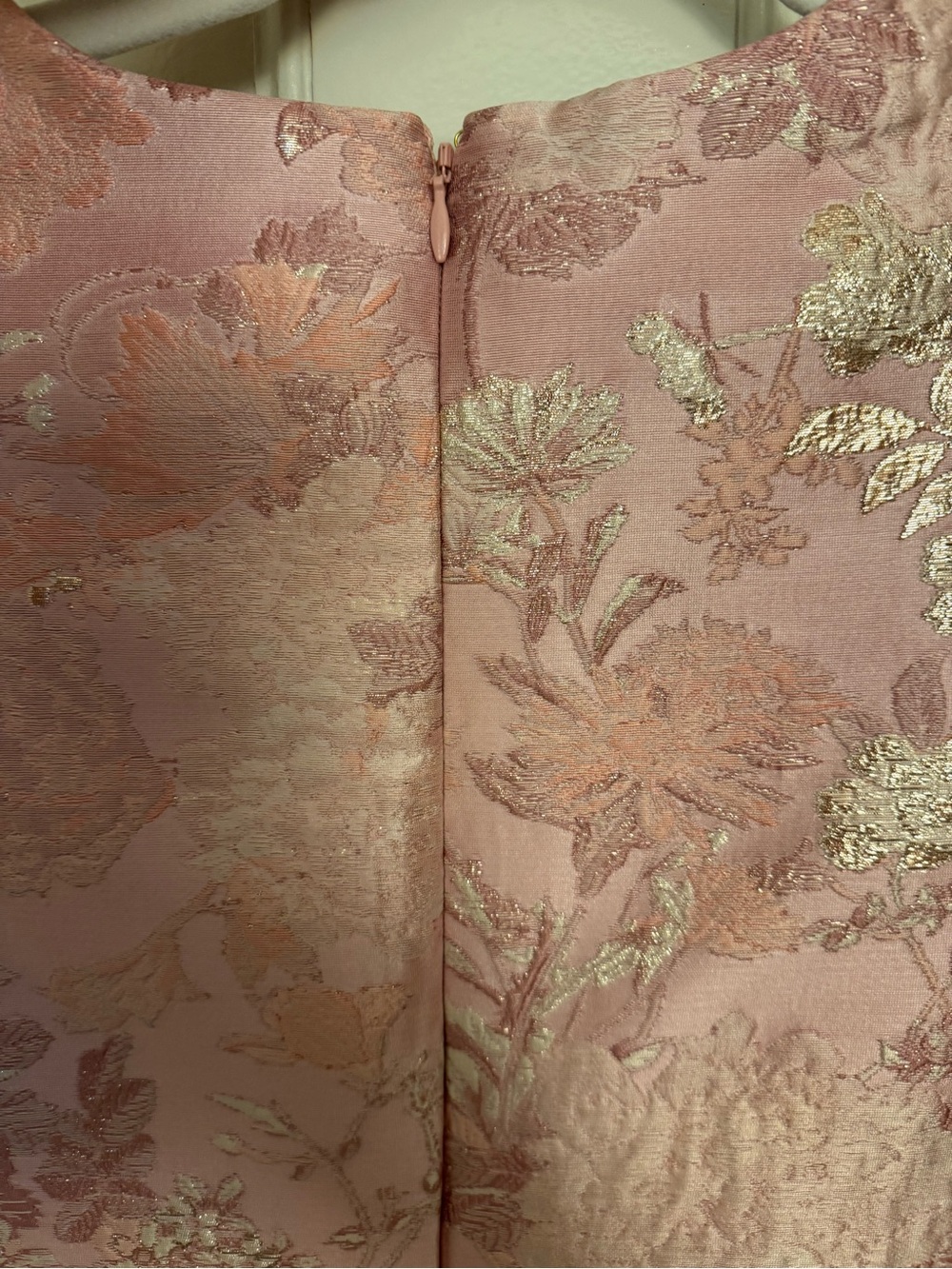Cara Cara Pink Floral Brocade Dress with Feather Hem - Picture 4 of 5